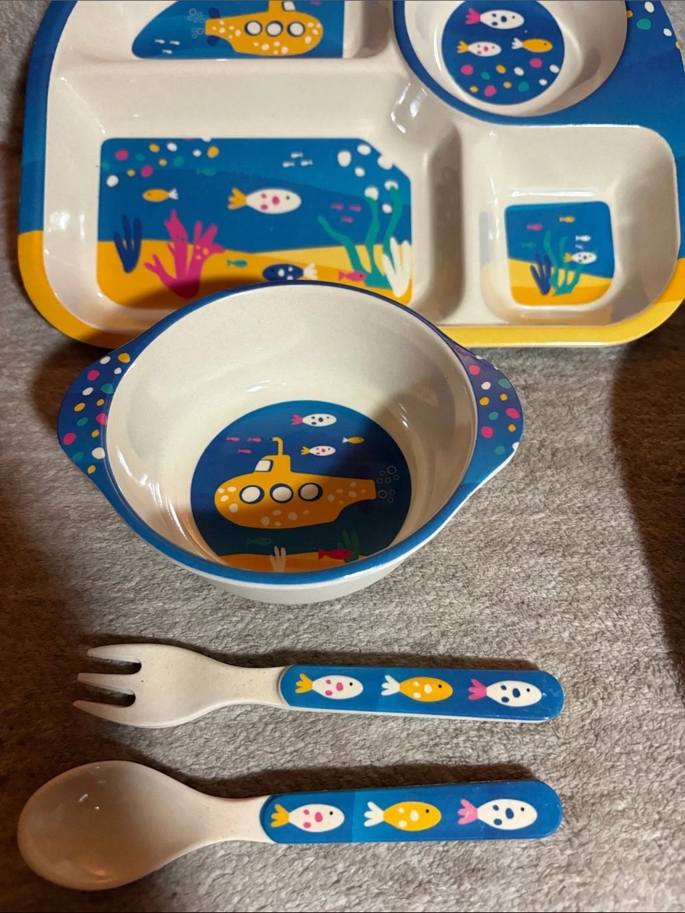 2 sets Kids Divided Plate & Bowl Set with fork and spoon. Yellow & Blue design